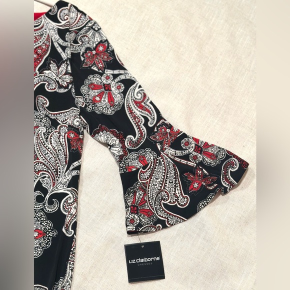 Liz Claiborne Dress Black and Red Paisley Long Sleeve NWT - Picture 4 of 5